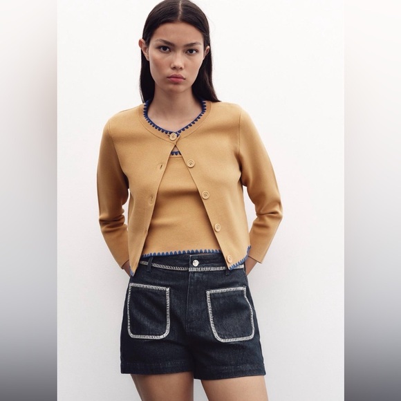 Zara Sweaters - Zara Contrast Embroidery Knit Cardigan Camel Blue Trim Size Large NWT